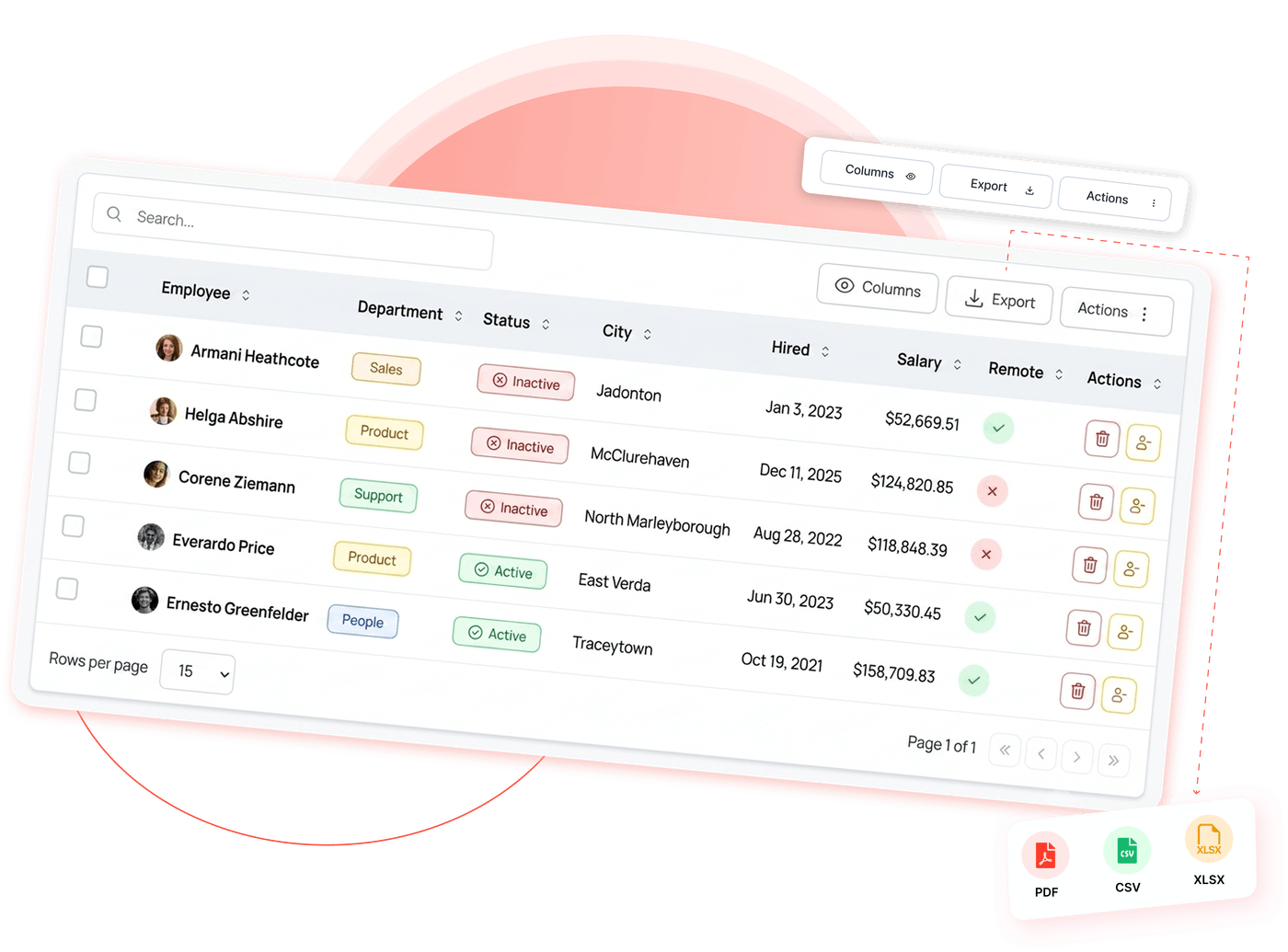 Zonvoir Table dashboard preview showing searchable columns, status badges, and action buttons in Inertia Vue
